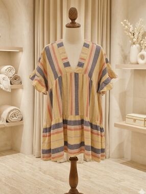 GiGio Medium Boho Oversized Striped Blouse Earthtone V-Neck Tie Back